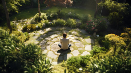 Aerial view of a woman sitting on a stone in a gardenの素材