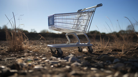 Shopping cart in the field. Shallow depth of field.の素材
