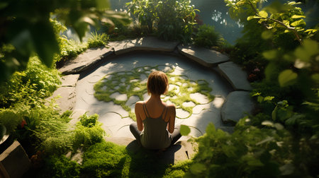 Back view of young woman meditating in garden with green plants.の素材
