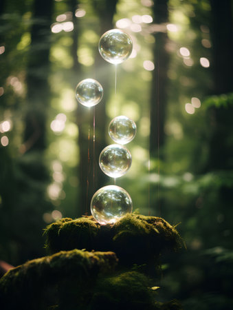 Glowing crystal ball on moss in the forest. Environment conservation concept.の素材
