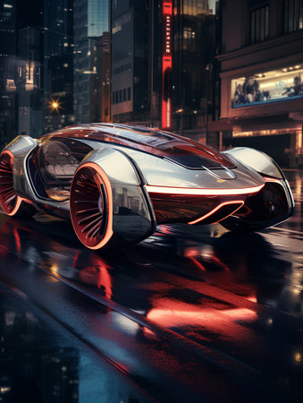 3D rendering of a futuristic sports car in the city at nightの素材