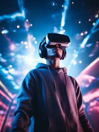 Young african american man wearing virtual reality headset at night clubの素材