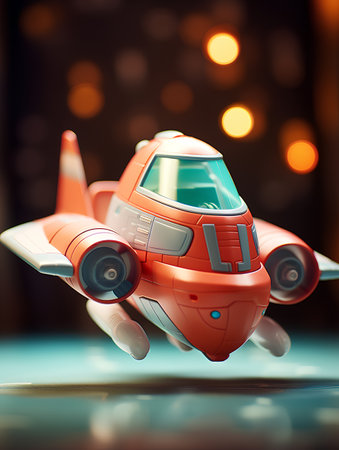 Futuristic red toy spaceship on bokeh background. 3d renderingの素材