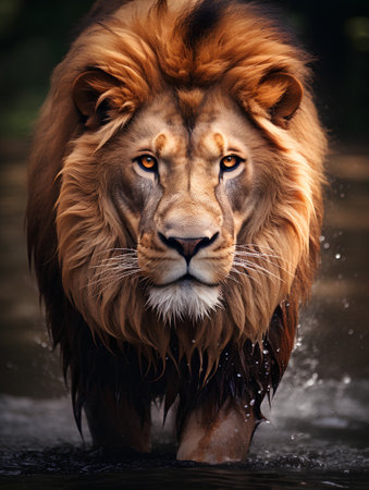 Portrait of a big male lion standing in water and looking at cameraの素材