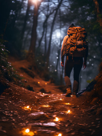 Hiker with backpack and trekking poles in the forest at nightの素材
