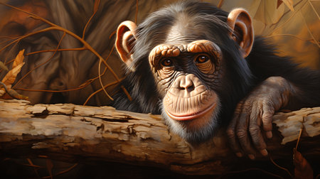 Chimpanzee sitting on a tree branch. 3d illustrationの素材