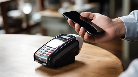 Man paying with smartphone and credit card in cafe. Contactless payment conceptの素材