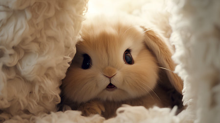 Cute little rabbit sitting on the bed and looking at the cameraの素材