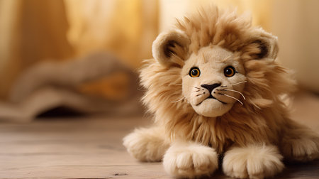 Cute lion toy sitting on the floor in the living room.の素材