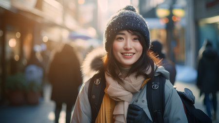 Portrait of a young asian woman walking in the street.の素材