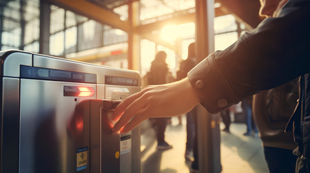 Man hand using automatic teller machine in airport terminal. Travel and transportation concept.の素材
