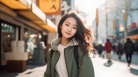 Beautiful asian woman walking in the city street. Young fashion model with long hair.の素材