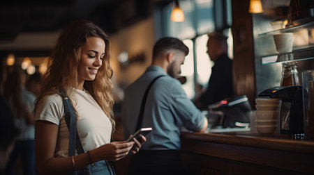 Beautiful young woman using mobile phone in coffee shop. Portrait of smiling girl using smartphone.の素材