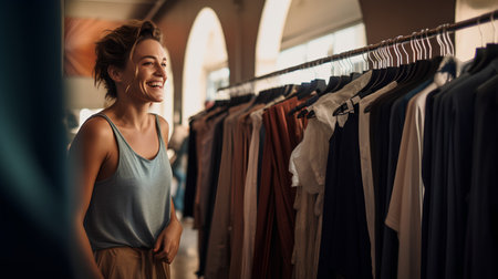 Smiling young woman looking at clothes in a clothing store. Shopping concept.の素材