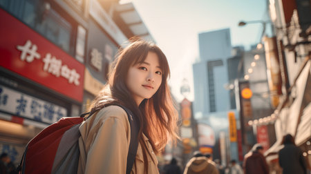 Beautiful young asian woman walking in the street in Tokyo, Japanの素材