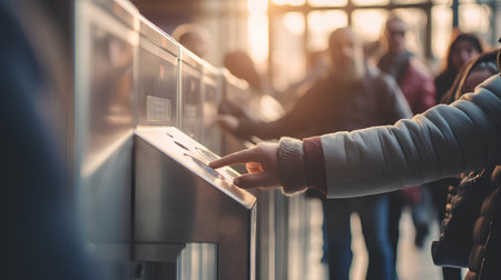 Close-up of female hands using automatic teller machine at subway stationの素材