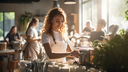 Beautiful young woman barista is making coffee in a cafe.の素材