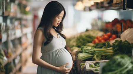 Beautiful asian pregnant woman choosing fresh vegetables in the supermarket.の素材
