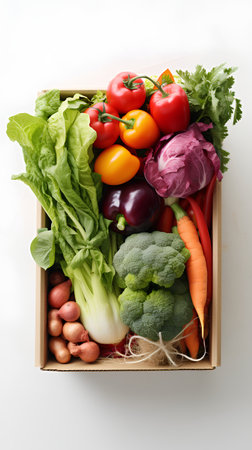 Fresh vegetables in a cardboard box on a white background, top viewの素材