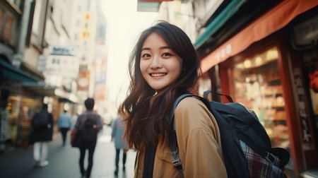 young beautiful and happy Asian Korean tourist woman walking on street in Japan town with backpack enjoying holidays trip in Europe smiling cheerful and positiveの素材
