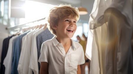 Portrait of a cute little boy in a clothing store. He is smiling and looking at the camera.の素材