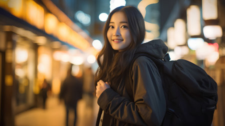 Beautiful asian woman walking in the city at night, lifestyle concept.の素材