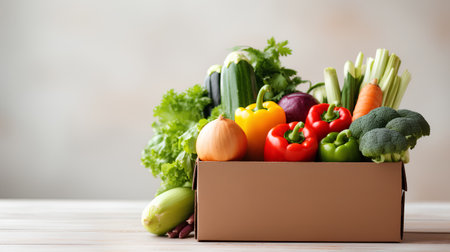 Box of fresh organic vegetables on wooden table. Food delivery concept.の素材