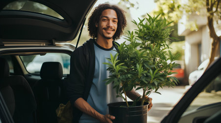 Portrait of a handsome young man with afro hairstyle holding a plant while standing in the carの素材