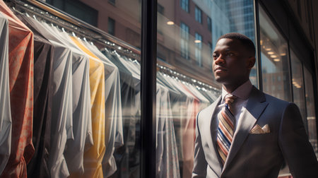 Handsome african american man in suit looking at window in shopの素材