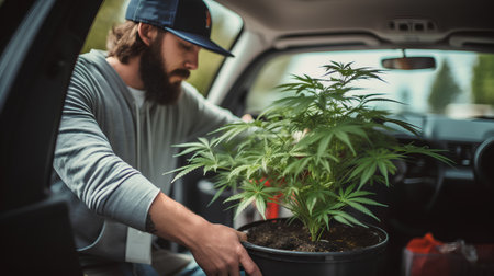 Young caucasian man with beard, wearing a cap, sitting on a car trunk, holding a marijuana plant in a pot.の素材