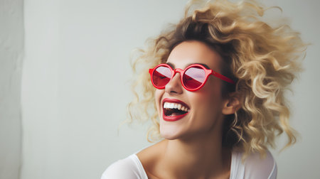 Beautiful young woman with curly blonde hair and red heart shaped sunglassesの素材