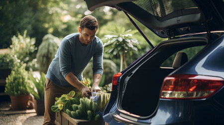 Young caucasian man is packing a box of cactus in the trunk of his car.の素材