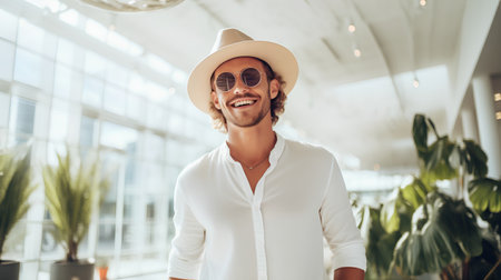 Handsome young man in sunglasses and hat is smiling and looking away while standing in airportの素材
