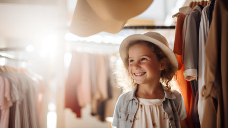 Portrait of smiling little girl in hat looking at camera in clothing storeの素材