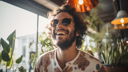 Portrait of a handsome young man with curly hair wearing sunglasses in a cafe.の素材