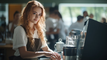 Portrait of a beautiful young woman working in a coffee shop.の素材