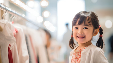 Happy asian little girl shopping in a clothing store with bokeh backgroundの素材