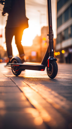 Close-up of electric scooter on the street at sunset.の素材