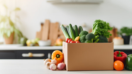 Box with fresh vegetables on the table in the kitchen. Healthy food conceptの素材