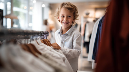 Little boy choosing clothes in a clothing store. He is smiling and looking at camera.の素材