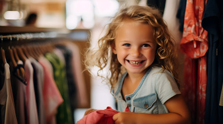 Portrait of a cute little girl smiling and looking at camera while choosing clothes in a clothing storeの素材