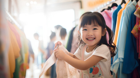 Little asian girl choosing clothes in the clothing store, shopping conceptの素材