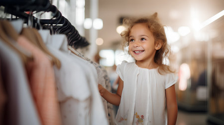 Little girl shopping in a clothing store. Cute child choosing clothes.の素材
