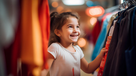 Adorable little girl choosing clothes in a clothing store. Selective focus.の素材