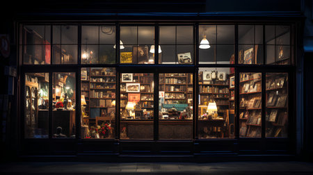 Night view of a shop window with books on the foreground. Shallow depth of field.の素材