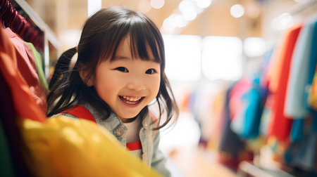 Happy asian little girl looking at camera and smiling in shopping mallの素材