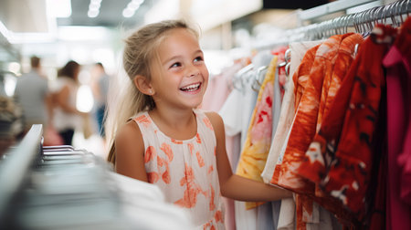 Adorable little girl choosing clothes in clothing store. Selective focus.の素材