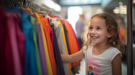 Cute little girl choosing clothes in a clothing store. Shopping and fashion concept.の素材