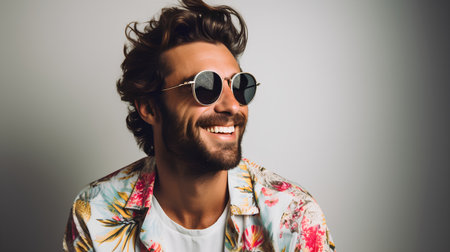 Handsome young man wearing a floral shirt and sunglasses over grey background.の素材