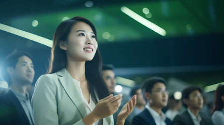 Asian businesswoman with group of business people in the background at nightの素材